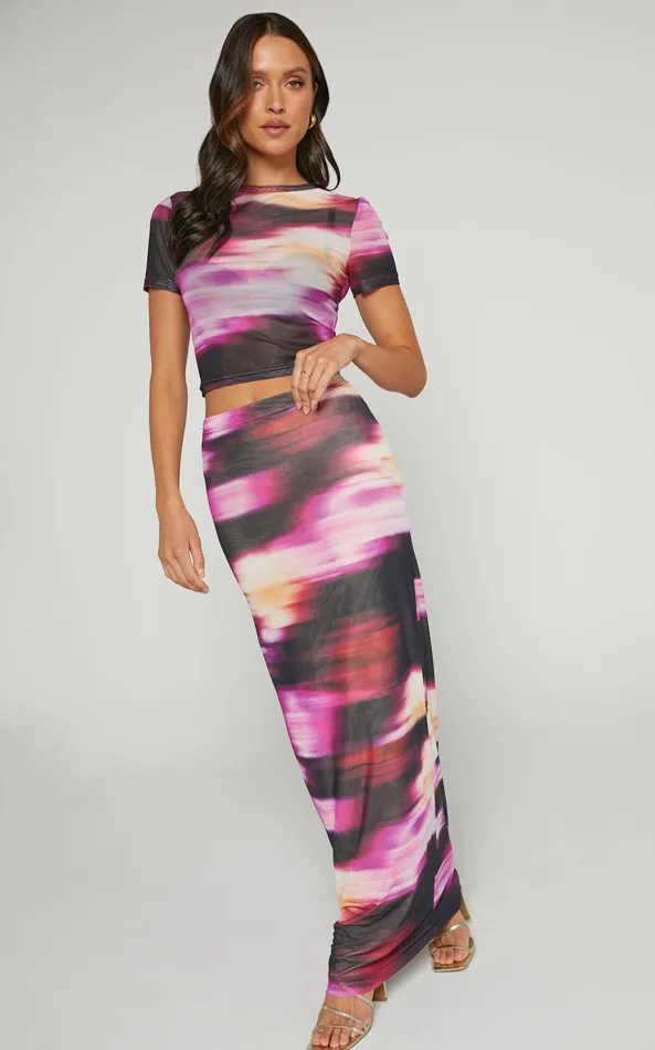 Showpo Janet Top And Skirt Two Piece Set 8211 Short Sleeve Midi Skirt In Soft Focus Women Two Piece Sets and Coords