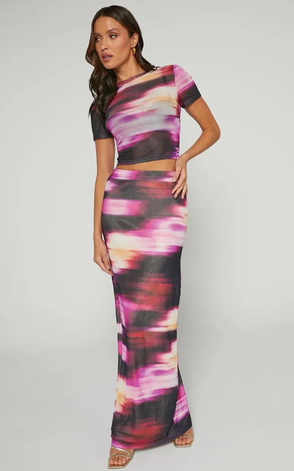 Showpo Janet Top And Skirt Two Piece Set 8211 Short Sleeve Midi Skirt In Soft Focus Women Two Piece Sets and Coords