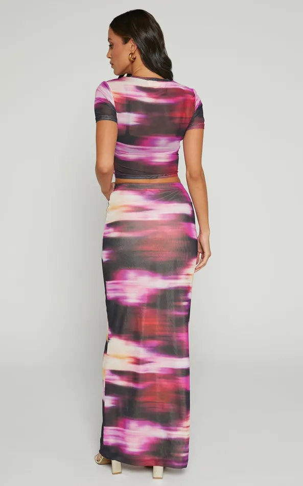 Showpo Janet Top And Skirt Two Piece Set 8211 Short Sleeve Midi Skirt In Soft Focus Women Two Piece Sets and Coords
