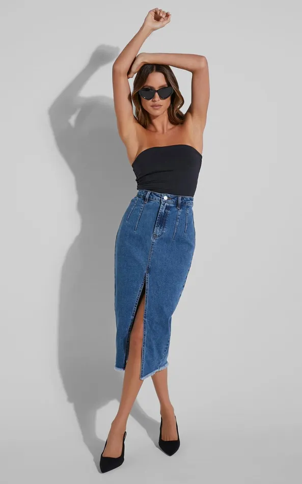 Showpo Janeve Midi Skirt 8211 Front Split Denim Skirt In Dark Blue Women Skirts