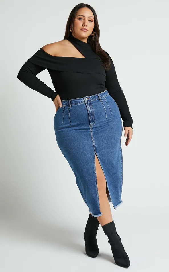 Showpo Janeve Midi Skirt 8211 Front Split Denim Skirt In Dark Blue Women Skirts
