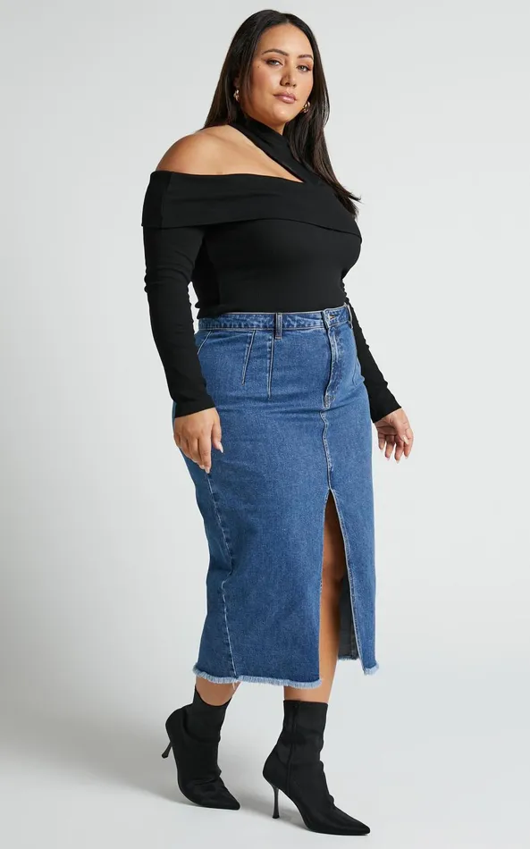 Showpo Janeve Midi Skirt 8211 Front Split Denim Skirt In Dark Blue Women Skirts