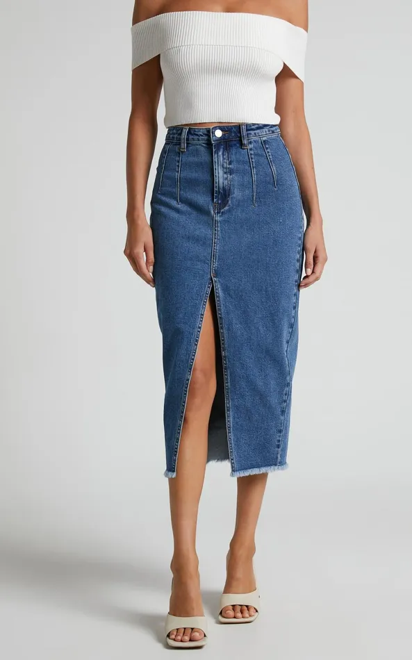 Showpo Janeve Midi Skirt 8211 Front Split Denim Skirt In Dark Blue Women Skirts