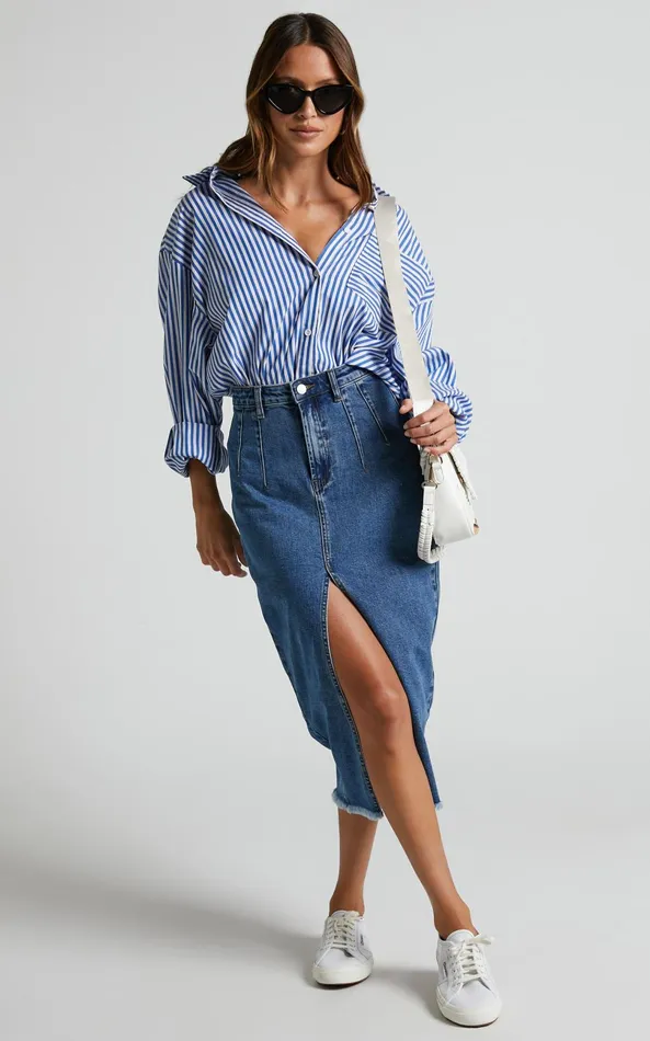 Showpo Janeve Midi Skirt 8211 Front Split Denim Skirt In Dark Blue Women Skirts