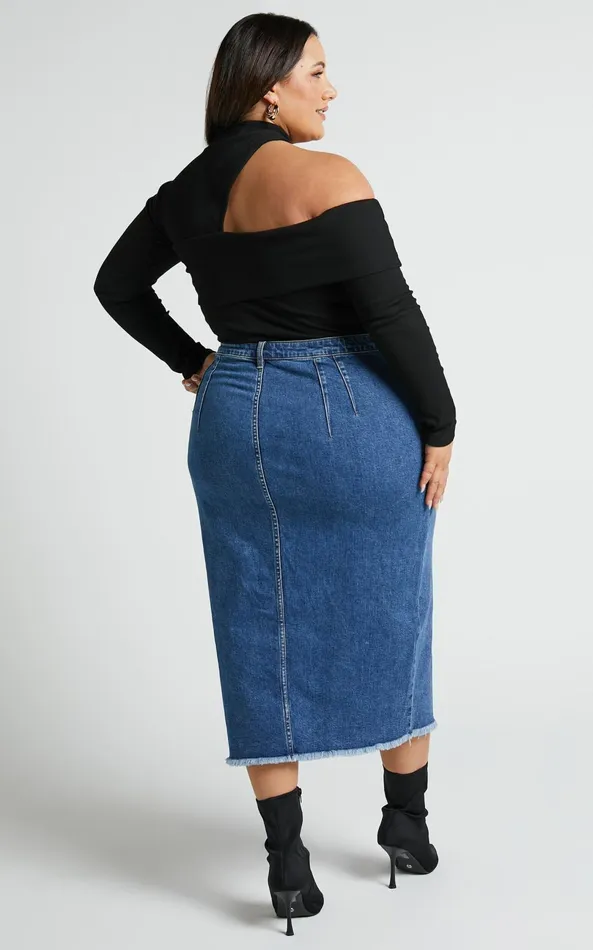 Showpo Janeve Midi Skirt 8211 Front Split Denim Skirt In Dark Blue Women Skirts