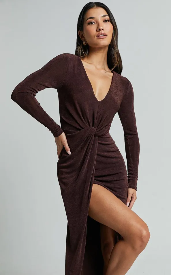 Showpo Janina Midi Dress 8211 Plunge Long Sleeve Twist Wrap Asymmetric Dress In Chocolate Women Dresses