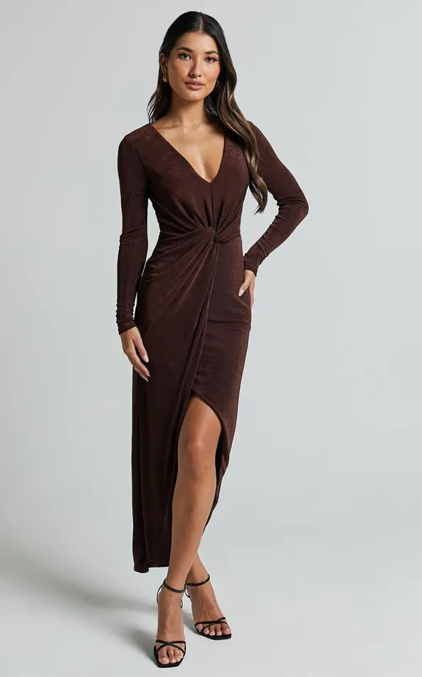 Showpo Janina Midi Dress 8211 Plunge Long Sleeve Twist Wrap Asymmetric Dress In Chocolate Women Dresses