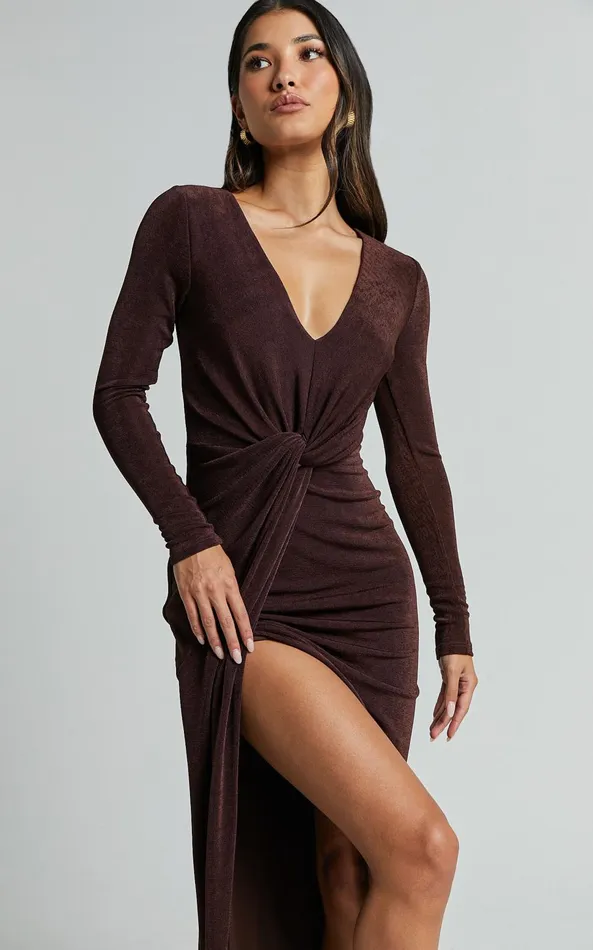 Showpo Janina Midi Dress 8211 Plunge Long Sleeve Twist Wrap Asymmetric Dress In Chocolate Women Dresses