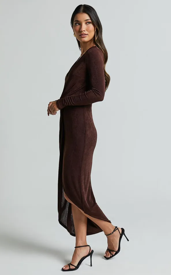 Showpo Janina Midi Dress 8211 Plunge Long Sleeve Twist Wrap Asymmetric Dress In Chocolate Women Dresses