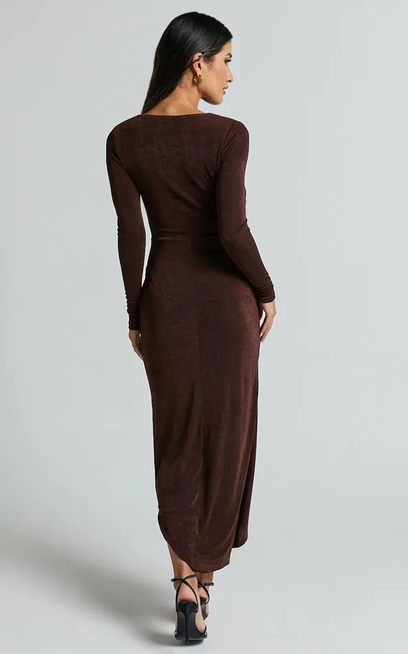 Showpo Janina Midi Dress 8211 Plunge Long Sleeve Twist Wrap Asymmetric Dress In Chocolate Women Dresses
