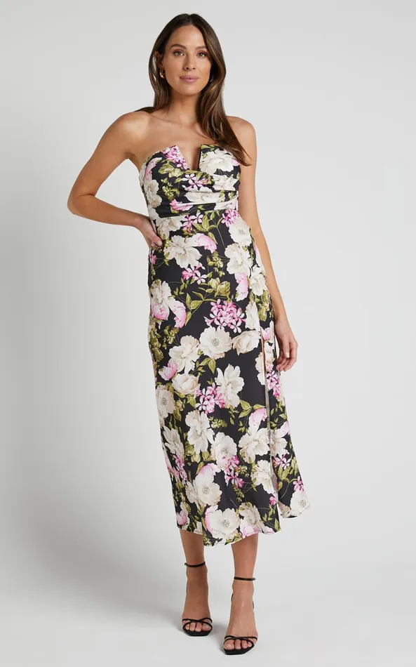 Showpo Janise Midi Dress 8211 V Neck Wrap Top Detail Thigh Split Dress In Midnight Floral Women Dresses