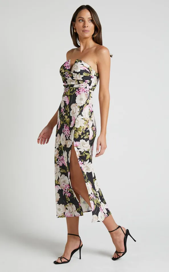 Showpo Janise Midi Dress 8211 V Neck Wrap Top Detail Thigh Split Dress In Midnight Floral Women Dresses