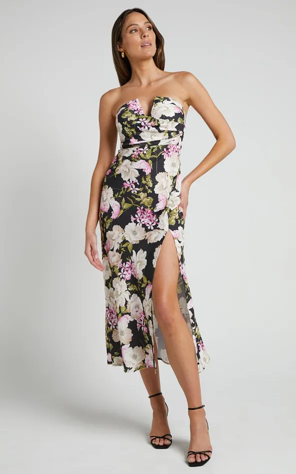 Showpo Janise Midi Dress 8211 V Neck Wrap Top Detail Thigh Split Dress In Midnight Floral Women Dresses