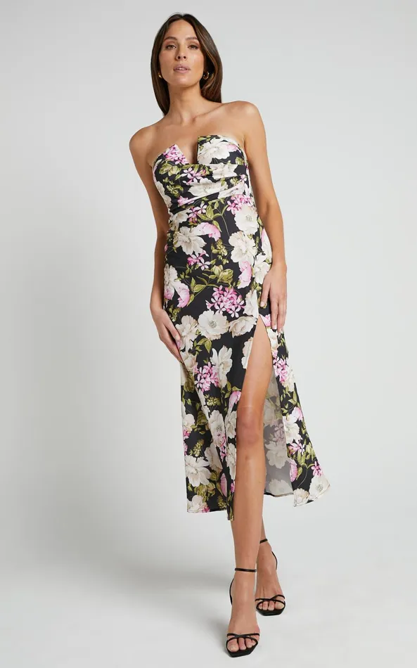 Showpo Janise Midi Dress 8211 V Neck Wrap Top Detail Thigh Split Dress In Midnight Floral Women Dresses