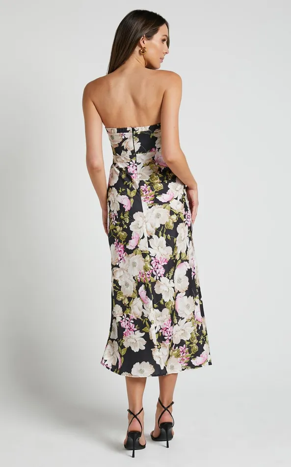Showpo Janise Midi Dress 8211 V Neck Wrap Top Detail Thigh Split Dress In Midnight Floral Women Dresses