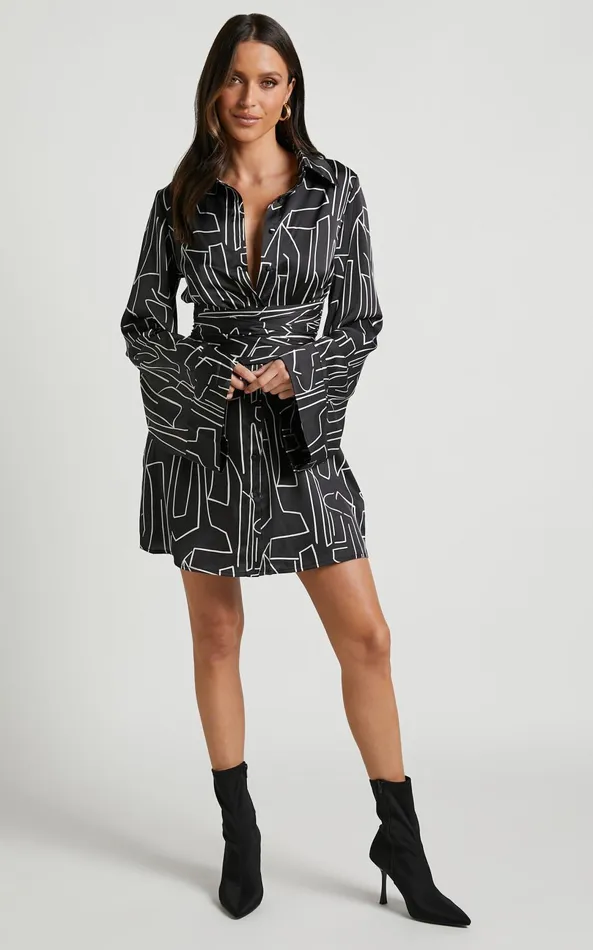 Showpo Janissa Mini Dress 8211 Long Sleeve Shirt Dress In Black And White Linear Women Dresses