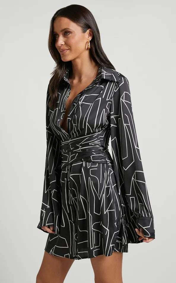 Showpo Janissa Mini Dress 8211 Long Sleeve Shirt Dress In Black And White Linear Women Dresses