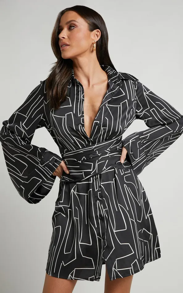 Showpo Janissa Mini Dress 8211 Long Sleeve Shirt Dress In Black And White Linear Women Dresses