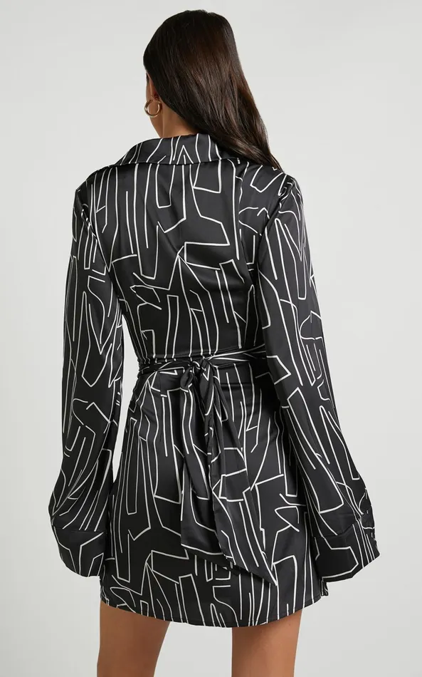 Showpo Janissa Mini Dress 8211 Long Sleeve Shirt Dress In Black And White Linear Women Dresses