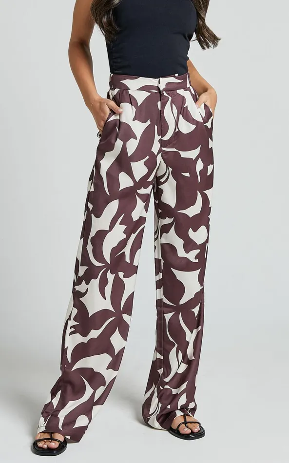 Showpo Janissa Pants 8211 High Waisted Wide Leg Pants In Brown Floral Women Curve Clothes