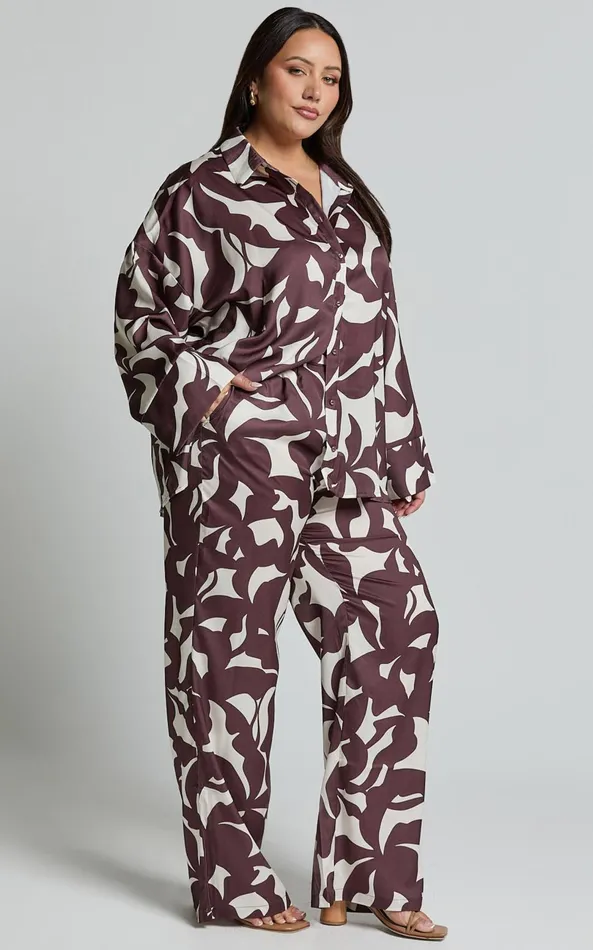 Showpo Janissa Pants 8211 High Waisted Wide Leg Pants In Brown Floral Women Curve Clothes
