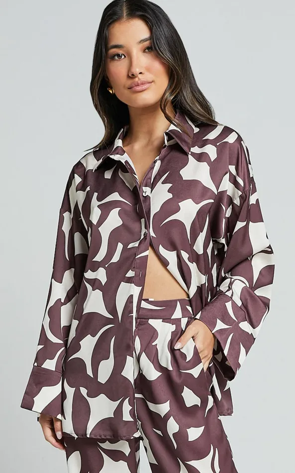 Showpo Janissa Shirt 8211 Long Sleeve Satin Shirt In Brown Floral Women Curve Clothes Showpo Janissa Shirt 8211 Long Sleeve Satin Shirt In Brown Floral Women Curve Clothes