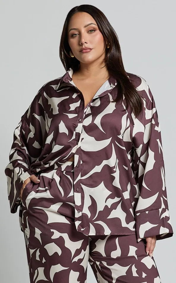 Showpo Janissa Shirt 8211 Long Sleeve Satin Shirt In Brown Floral Women Curve Clothes