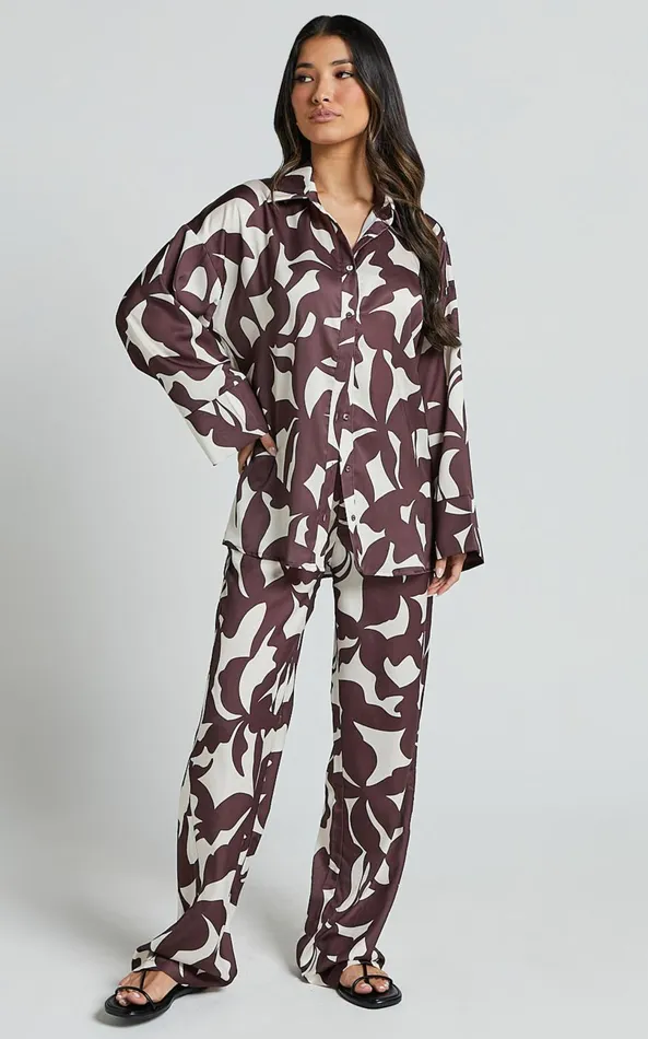 Showpo Janissa Shirt 8211 Long Sleeve Satin Shirt In Brown Floral Women Curve Clothes