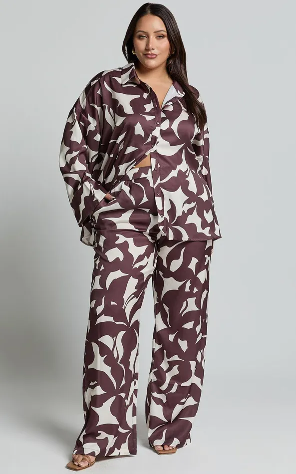 Showpo Janissa Shirt 8211 Long Sleeve Satin Shirt In Brown Floral Women Curve Clothes