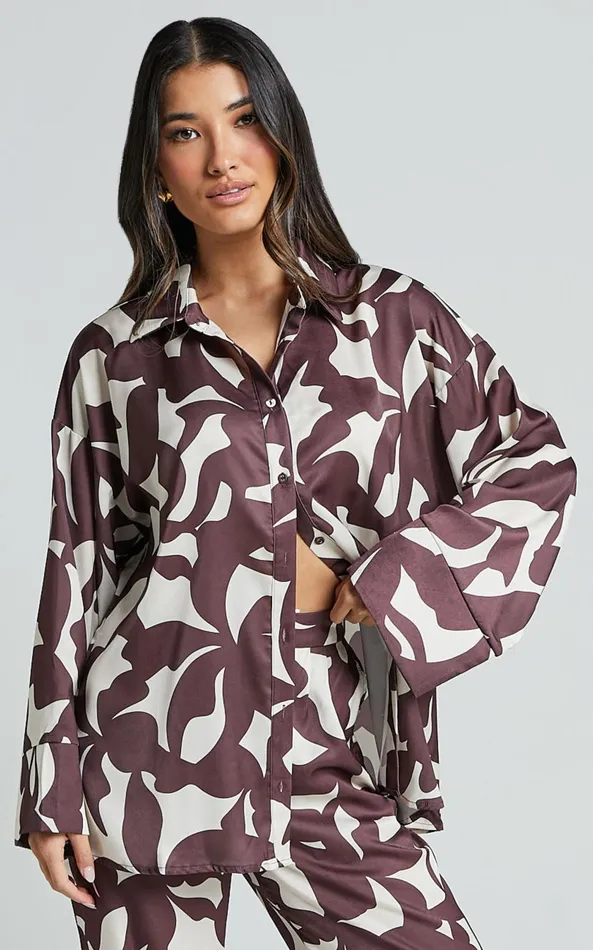 Showpo Janissa Shirt 8211 Long Sleeve Satin Shirt In Brown Floral Women Curve Clothes