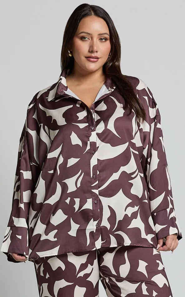 Showpo Janissa Shirt 8211 Long Sleeve Satin Shirt In Brown Floral Women Curve Clothes