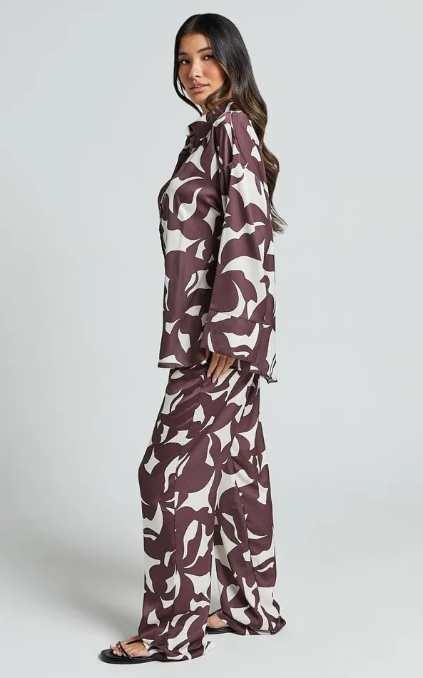 Showpo Janissa Shirt 8211 Long Sleeve Satin Shirt In Brown Floral Women Curve Clothes