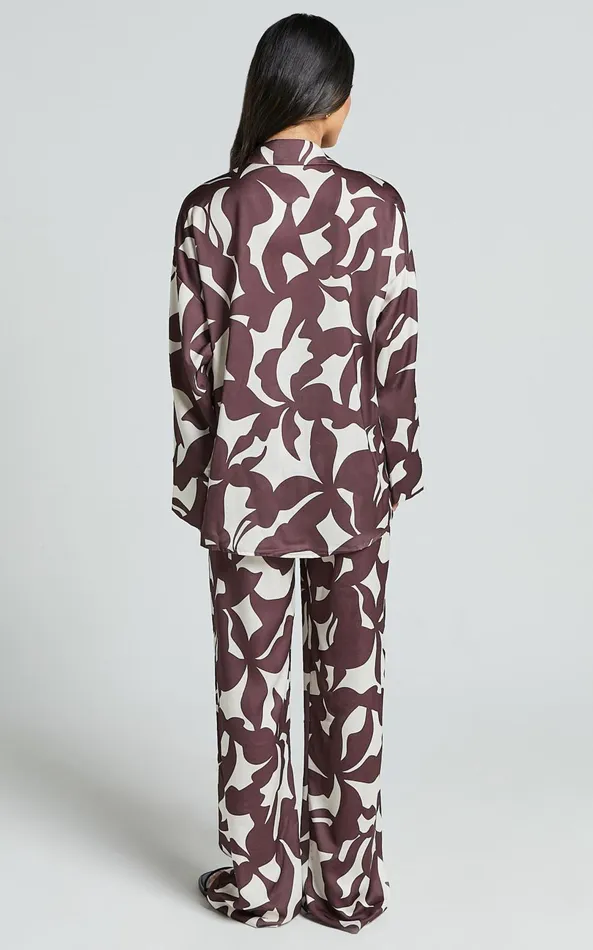 Showpo Janissa Shirt 8211 Long Sleeve Satin Shirt In Brown Floral Women Curve Clothes