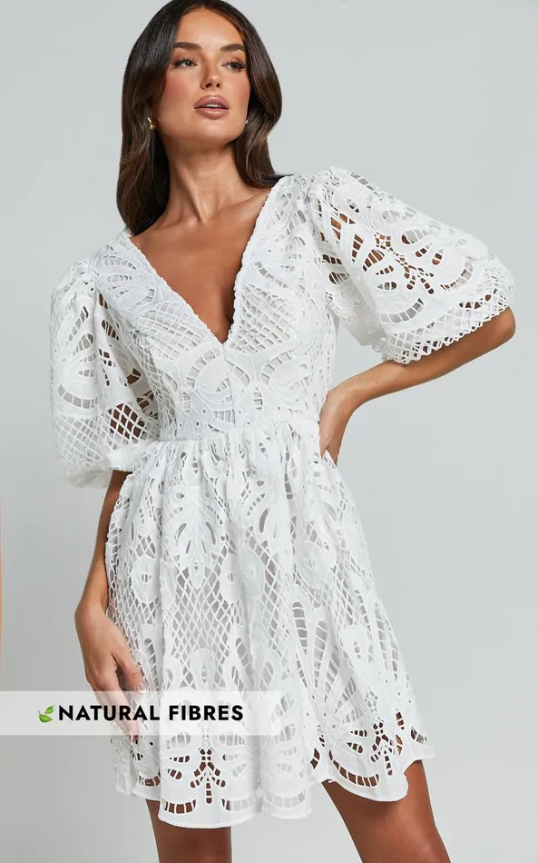 Showpo Janith Mini Dress 8211 Lace Plunge Short Puff Sleeve A Line Dress In White Lace Women Dresses Showpo Janith Mini Dress 8211 Lace Plunge Short Puff Sleeve A Line Dress In White Lace Women Dresses