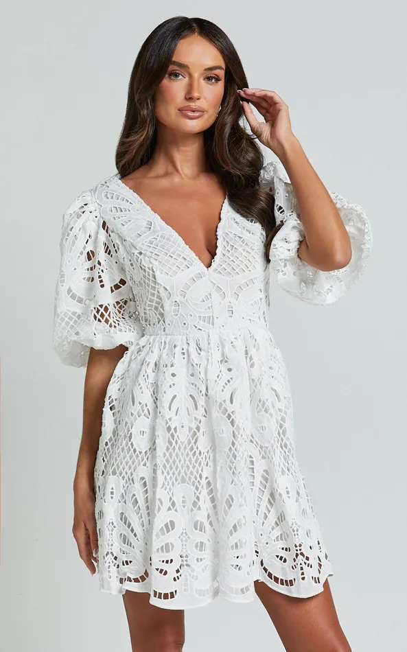 Showpo Janith Mini Dress 8211 Lace Plunge Short Puff Sleeve A Line Dress In White Lace Women Dresses