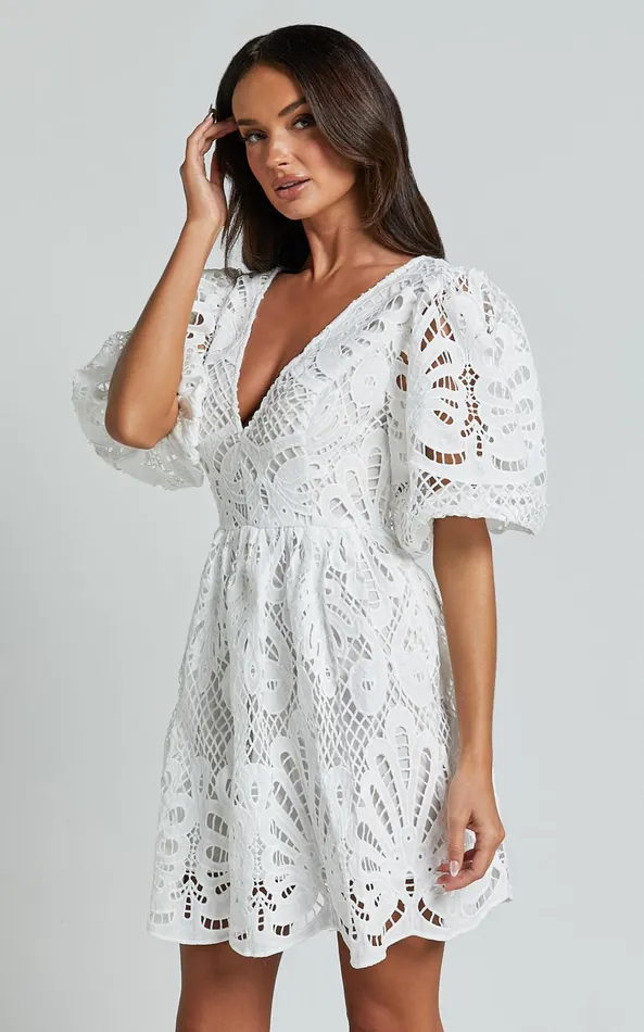 Showpo Janith Mini Dress 8211 Lace Plunge Short Puff Sleeve A Line Dress In White Lace Women Dresses