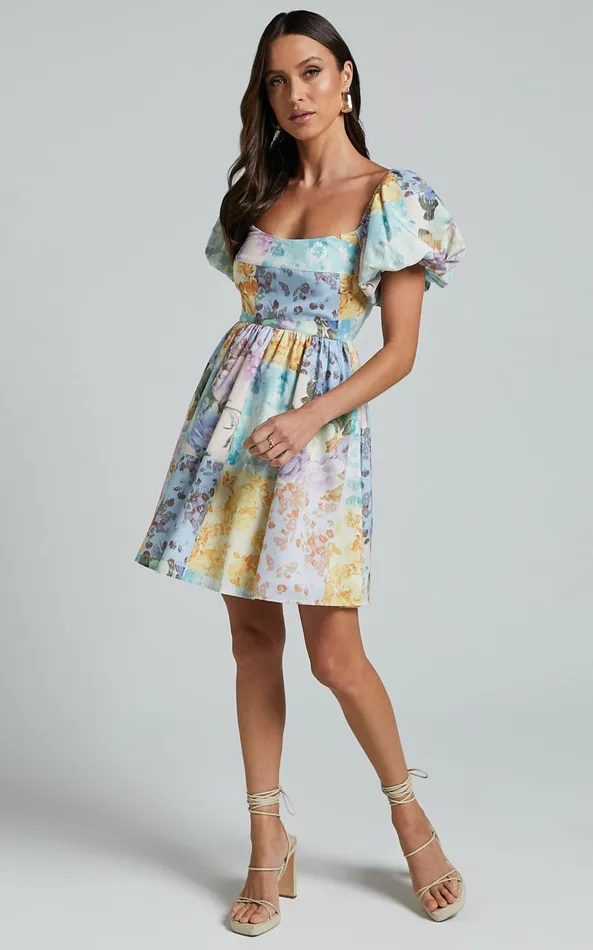 Showpo Janna Mini Dress 8211 Puff Sleeve Empire Waist Dress In Vintage Floral Women Dresses