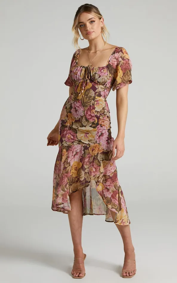 Showpo Jasalina Puff Sleeve Dress In Classic Floral Women Curve Clothes