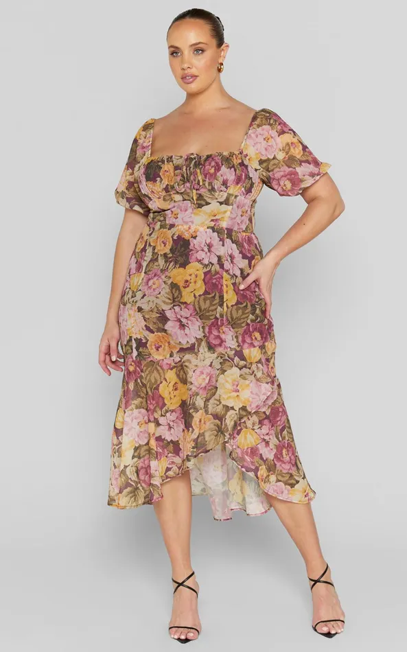 Showpo Jasalina Puff Sleeve Dress In Classic Floral Women Curve Clothes