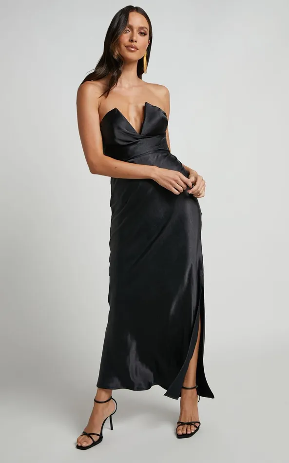 Showpo Jaslynn Midi Dress 8211 Strapless V Neck Satin Dress In Black Women Dresses