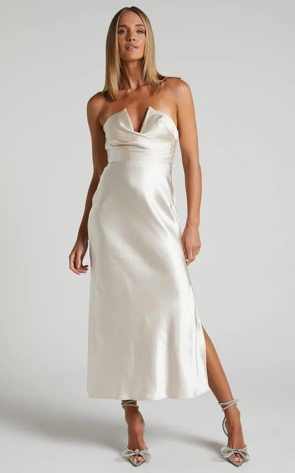 Showpo Jaslynn Midi Dress 8211 Strapless V Neck Satin Dress In Champagne Women Dresses Showpo Jaslynn Midi Dress 8211 Strapless V Neck Satin Dress In Champagne Women Dresses