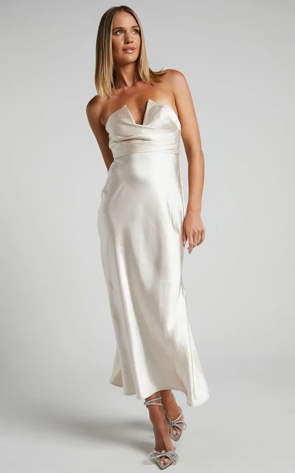 Showpo Jaslynn Midi Dress 8211 Strapless V Neck Satin Dress In Champagne Women Dresses