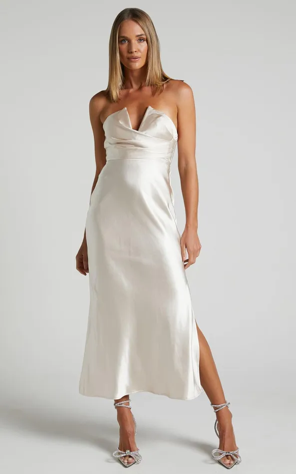 Showpo Jaslynn Midi Dress 8211 Strapless V Neck Satin Dress In Champagne Women Dresses