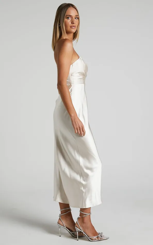 Showpo Jaslynn Midi Dress 8211 Strapless V Neck Satin Dress In Champagne Women Dresses