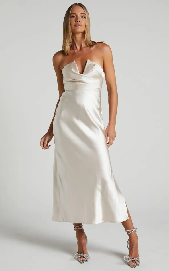 Showpo Jaslynn Midi Dress 8211 Strapless V Neck Satin Dress In Champagne Women Dresses