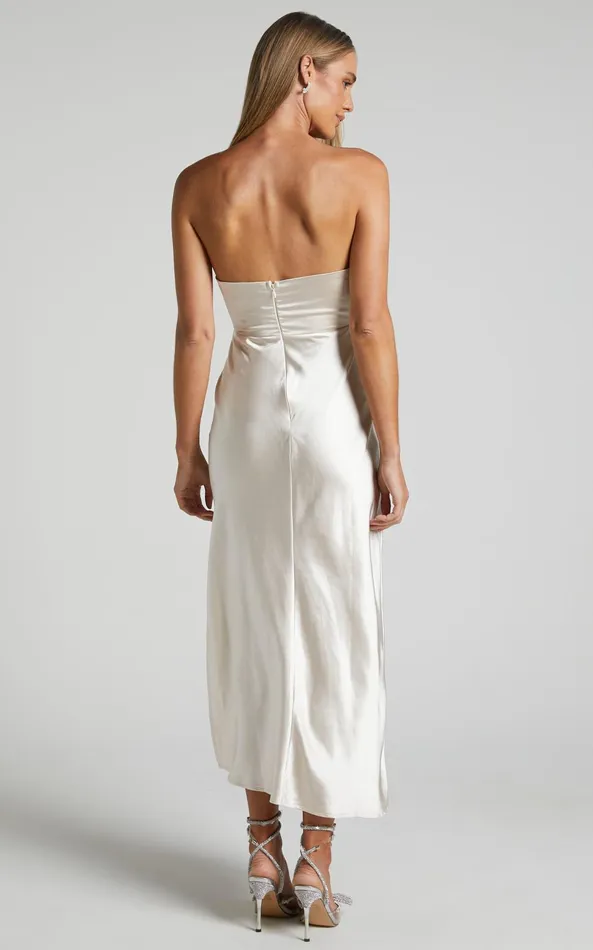 Showpo Jaslynn Midi Dress 8211 Strapless V Neck Satin Dress In Champagne Women Dresses