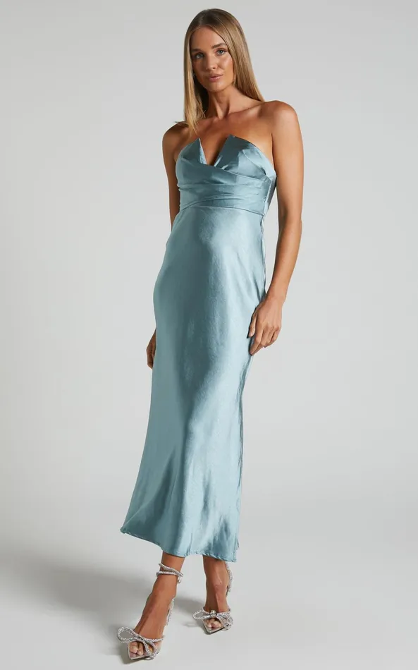 Showpo Jaslynn Midi Dress 8211 Strapless V Neck Satin Dress In Ice Blue Women Dresses Showpo Jaslynn Midi Dress 8211 Strapless V Neck Satin Dress In Ice Blue Women Dresses
