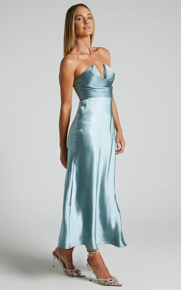 Showpo Jaslynn Midi Dress 8211 Strapless V Neck Satin Dress In Ice Blue Women Dresses