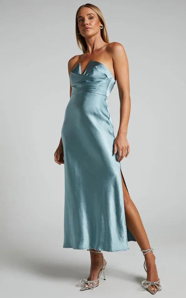 Showpo Jaslynn Midi Dress 8211 Strapless V Neck Satin Dress In Ice Blue Women Dresses
