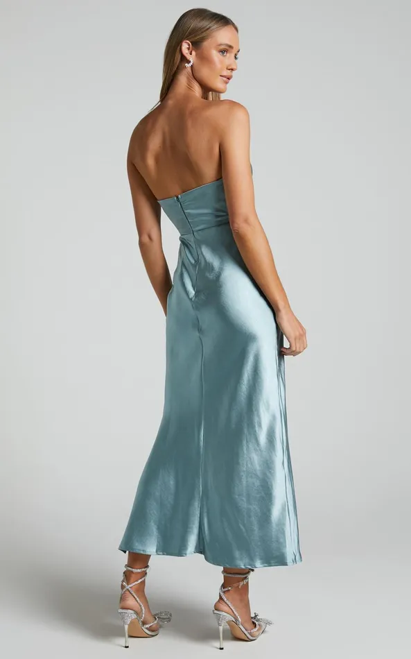 Showpo Jaslynn Midi Dress 8211 Strapless V Neck Satin Dress In Ice Blue Women Dresses